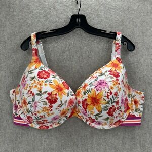 Cacique Boost Plunge Bra Womens 42F White Floral Striped Underwire Cotton Blend